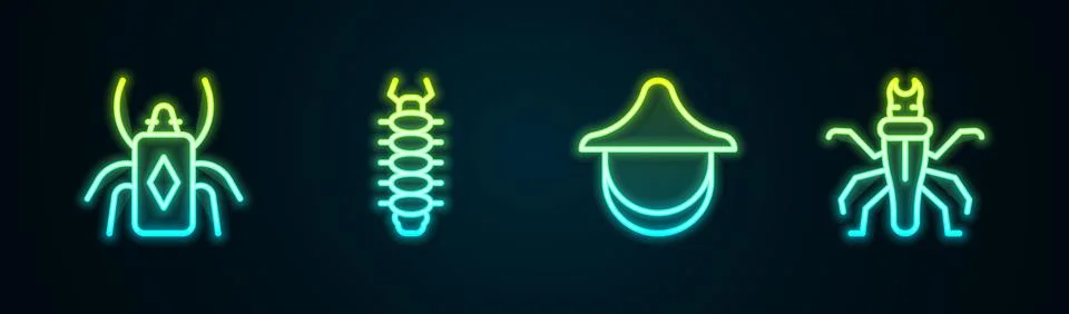 Set line Beetle bug, Centipede, Beekeeper hat and Termite. Glowing neon icon Stock Illustration