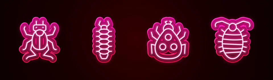 Set line Beetle bug, Centipede, Ladybug and Larva insect. Glowing neon icon.  Stock Illustration