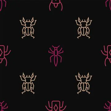 Set line Beetle bug, deer and Spider on seamless pattern. Vector Illustrazione stock