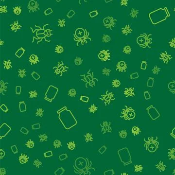 Set line Beetle bug, Glass jar and Spider on seamless pattern. Vector Illustrazione stock