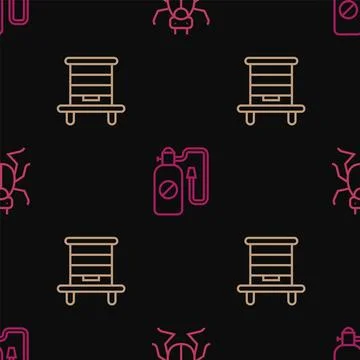 Set line Beetle bug, Hive for bees and Pressure sprayer on seamless pattern Stock Illustration