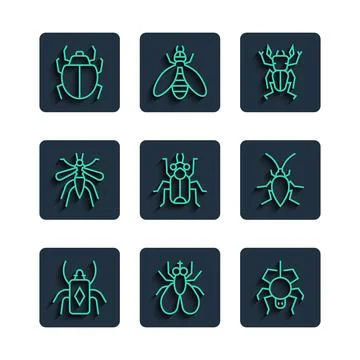 Set line Beetle bug, Insect fly, Spider, deer, Mosquito, Mite and Cockroach icon Stock Illustration