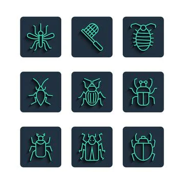 Set line Beetle bug, Mite, Larva insect, Chafer beetle, Cockroach, Mosquito and Illustrazione stock