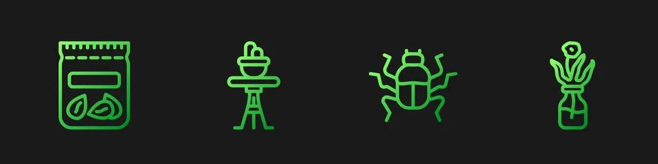 Set line Beetle bug, Pack full of seeds of plant, Plant in pot on table and 스톡 일러스트