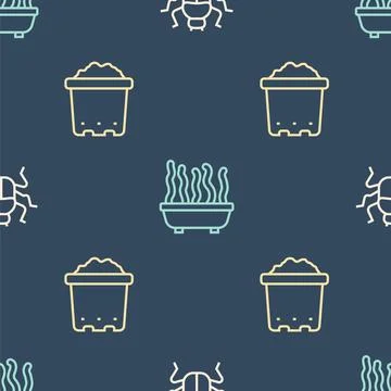 Set line Beetle bug, Pot with soil and Plant in pot on seamless pattern. Vect Stock Illustration