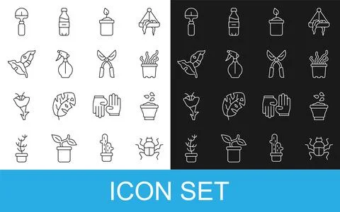 Set line Beetle bug, Seeds in bowl, Exotic tropical plant pot, Sprout bottle 스톡 일러스트