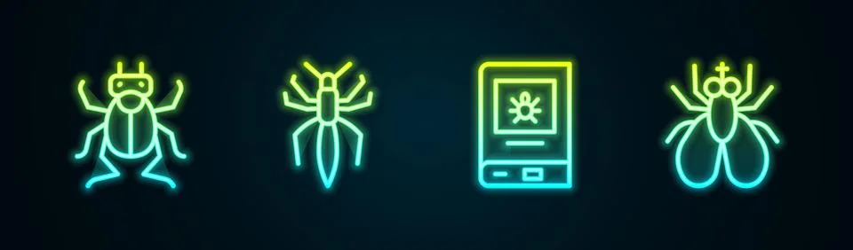 Set line Beetle bug, Spider, Book about insect and Insect fly. Glowing neon icon Stock Illustration