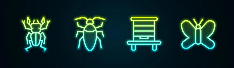 Set line Beetle deer, Cockroach, Hive for bees and Butterfly. Glowing neon .. Illustrazione stock
