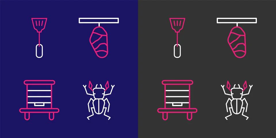Set line Beetle deer, Hive for bees, Butterfly cocoon and Fly swatter icon... Illustrazione stock