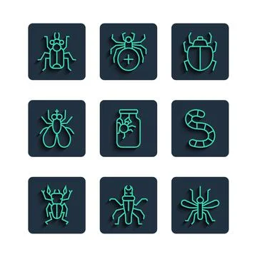 Set line Beetle deer, Termite, Mosquito, Mite, Spider in jar, Insect fly, bug Stock Illustration