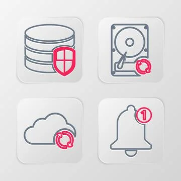 Set line Bell, Cloud sync refresh, Hard disk drive HDD and Database protect.. Illustrazione stock