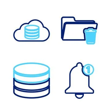 Set line Bell, Database, Delete folder and Cloud database icon. Vector 스톡 일러스트