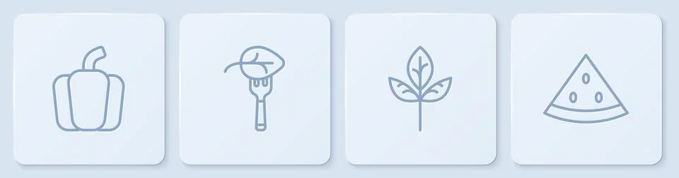 Set line Bell pepper, Leaf or leaves, Vegan food diet and Watermelon. White Stock Illustration