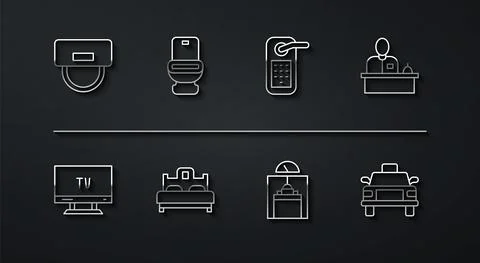 Set line Bellboy hat, Smart Tv, Hotel reception desk, Lift, Bedroom, Toilet bowl Ilustración de archivo