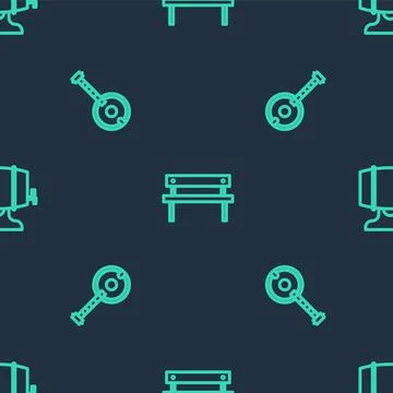 Set line Bench, Banjo and Wooden barrel on rack on seamless pattern. Vector Stock Illustration