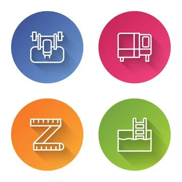 Set line Bench with barbel, Bed, Tape measure and Swimming pool ladder. Color Stock Illustration
