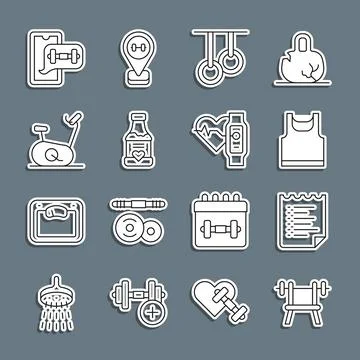 Set line Bench with barbell, Sport training program, Sleeveless t-shirt Stock Illustration