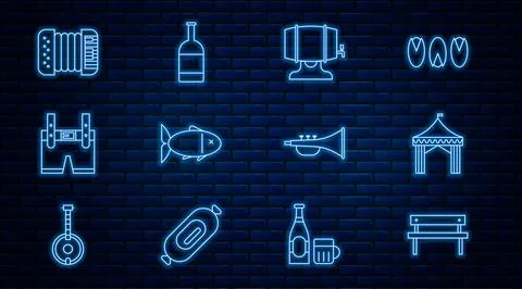 Set line Bench, Camping tent, Wooden barrel on rack, Fish, Lederhosen, Accord Stock Illustration