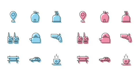 Set line Bench, Car, Location, Coffee cup, Kettle with handle, Flare gun pistol Illustration