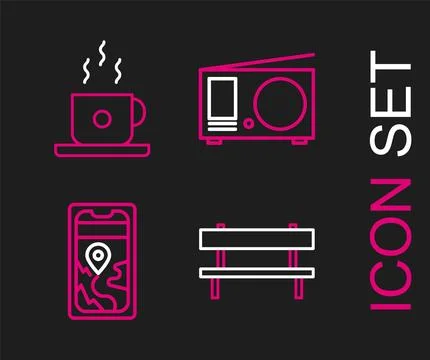 Set line Bench, City map navigation, Radio with antenna and Coffee cup icon.. Stock Illustration