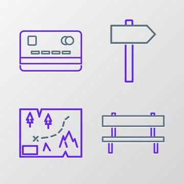 Set line Bench, Folded map with location, Road traffic signpost and Credit card Ilustração Stock