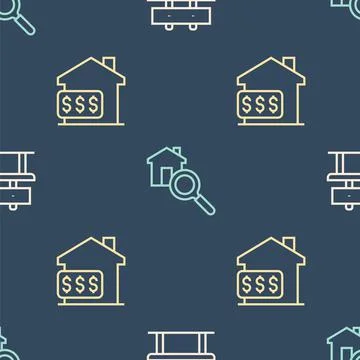 Set line Bench, House with dollar and Search house on seamless pattern. Vector Stock Illustration