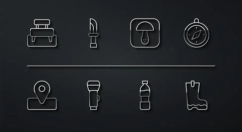 Set line Bench, Location for camping, Compass, Bottle of water, Flashlight Ilustración de archivo