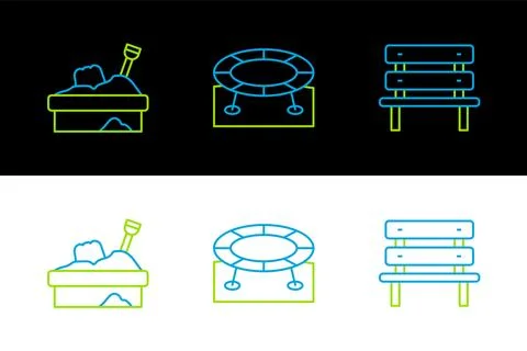 Set line Bench, Sandbox with sand and Jumping trampoline icon. Vector Stock Illustration
