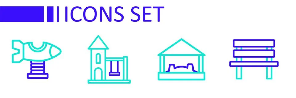 Set line Bench, Sandbox with sand, Swing for kids and plane icon. Vector Stock Illustration