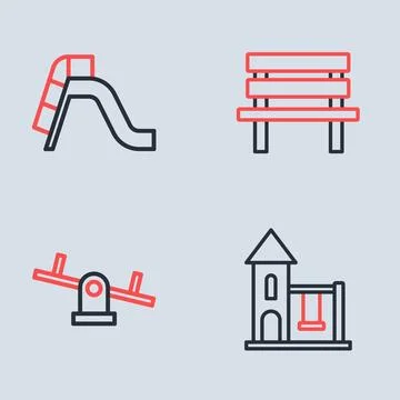 Set line Bench, Seesaw, Swing for kids and Slide playground icon. Vector Stock Illustration