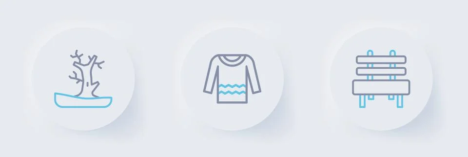 Set line Bench, Sweater and Bare tree icon. Vector Stock Illustration