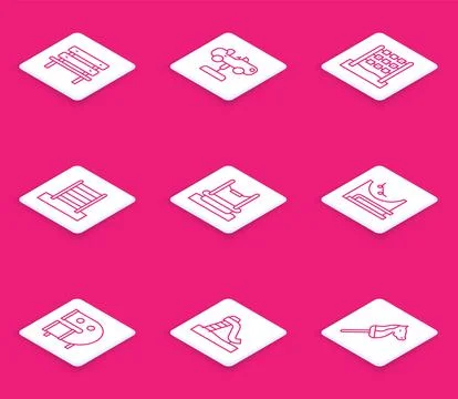 Set line Bench, Swing car, Tic tac toe game, Swedish wall, Bungee, Skate park Stock-Illustration