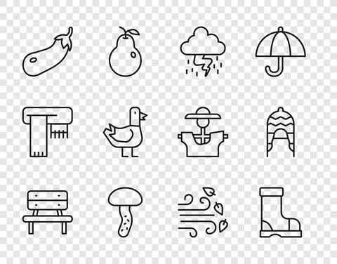 Set line Bench, Waterproof rubber boot, Storm, Mushroom, Eggplant, Dove, Windy Stock-Illustration