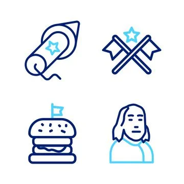 Set line Benjamin Franklin, Burger, American flag and Firework icon. Vector Illustrazione stock