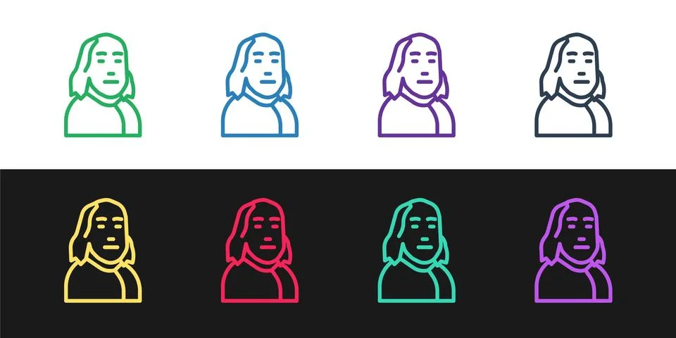 Set line Benjamin Franklin icon isolated on black and white background. Vector Illustrazione stock