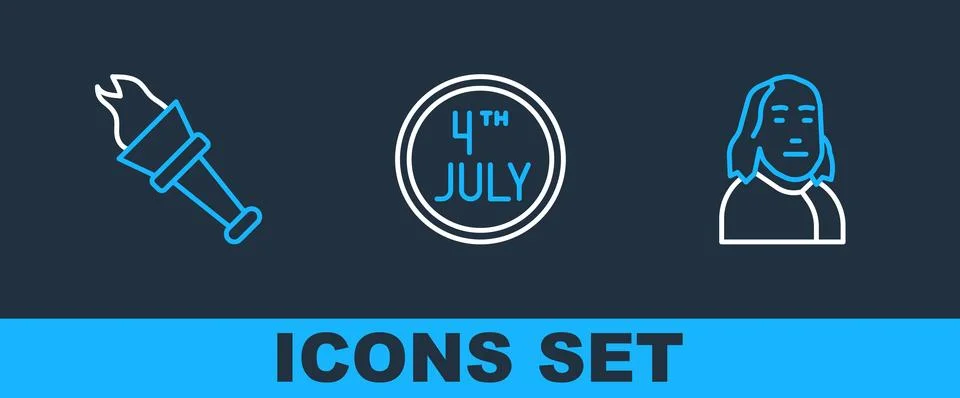 Set line Benjamin Franklin, Torch flame and Calendar with date July 4 icon... Ilustración de archivo