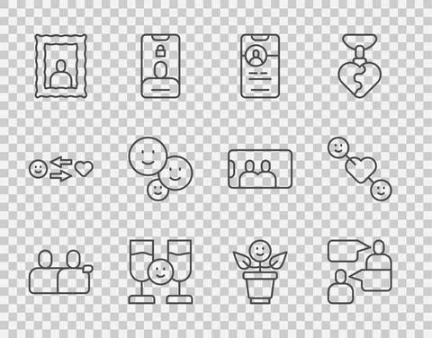 Set line BFF or best friends forever, Two sitting men talking, Dating app online Illustration