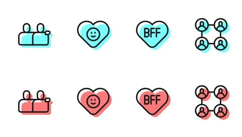 Set line BFF or best friends forever, , Good relationship and  icon. Vector Stock Illustration