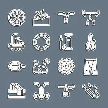 Set line Bicycle air pump, Cycling shorts, seat, handlebar, brake disc, Tool Illustration