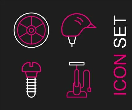 Set line Bicycle air pump, Metallic screw, helmet and wheel icon. Vector Stock Illustration