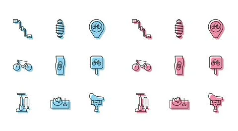 Set line Bicycle air pump, on street ramp, pedals, seat, Plaster leg, parki.. Stock Illustration