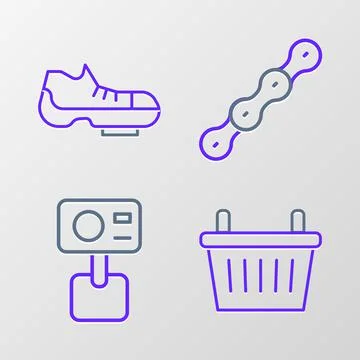 Set line Bicycle basket, Action extreme camera, chain and shoes icon. Vector Ilustración de archivo