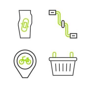 Set line Bicycle basket, Location with bicycle, pedals and Plaster leg icon.. Stock Illustration