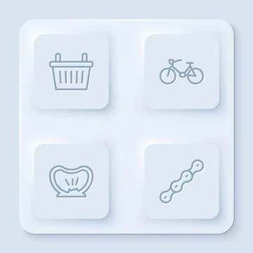 Set line Bicycle basket, , punctured tire and chain. White square button. Vector Illustrazione stock