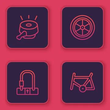 Set line Bicycle bell, lock, wheel and frame. Blue square button. Vector Stock-Illustration