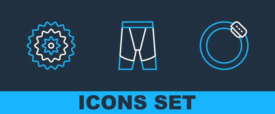 Set line Bicycle brake disc, cassette and Cycling shorts icon. Vector Stock Illustration