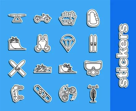 Set line Bicycle, Diving mask, Ski and sticks, Gloves, Parachute, on street ramp Illustrazione stock