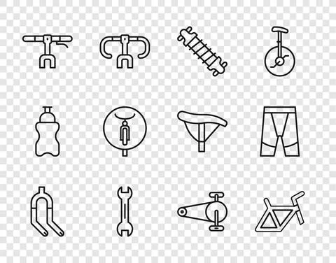 Set line Bicycle fork, frame, suspension, Wrench spanner, handlebar, chain with Stock Illustration