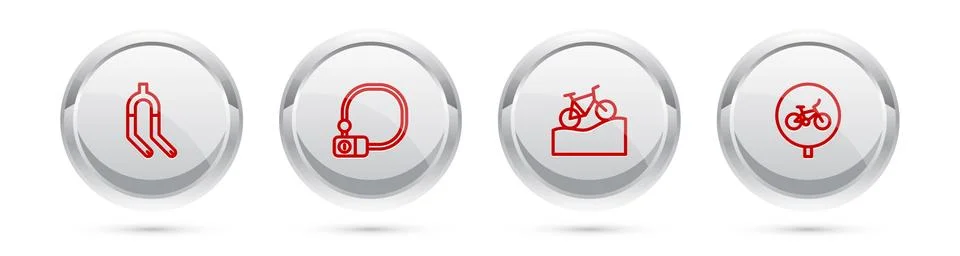 Set line Bicycle fork, lock, Mountain bicycle and . Silver circle button. Vector Stock Illustration