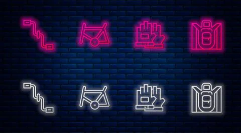 Set line Bicycle frame, Gloves, pedals and Hiking backpack. Glowing neon icon on Stock-Illustration